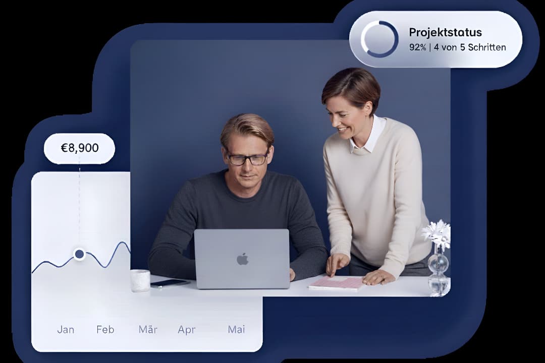 Team-Zusammenarbeit mit Projektstatus und Umsatzdiagramm